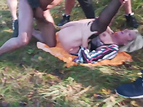 British mam gets interracial gangbang open-air